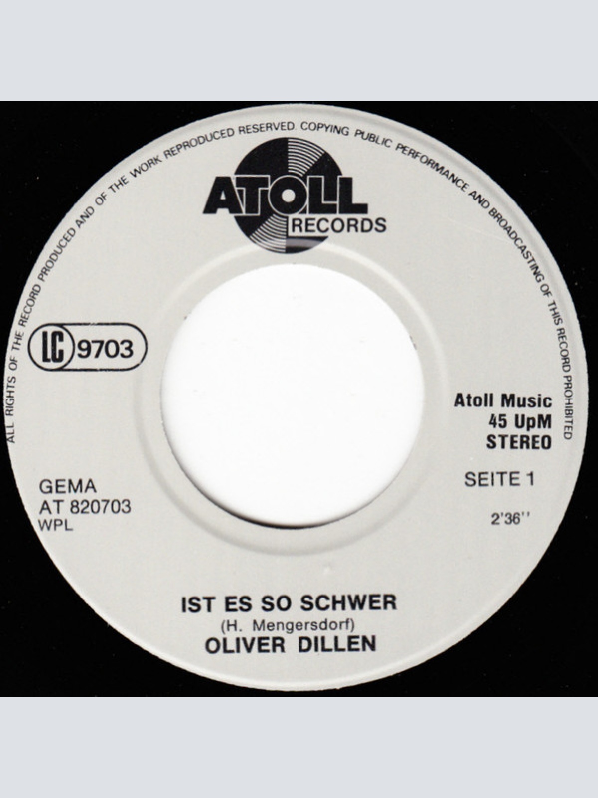 Vinyl / Oliver Dillen - Ist Es So Schwer / Wie Dem Auch Sei