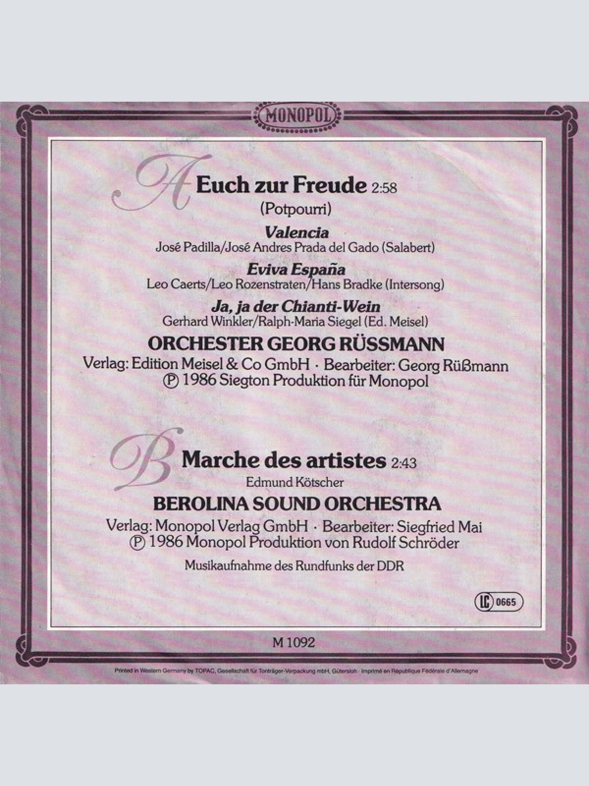 Vinyl / Das Orchester Georg Rüssmann*, Berolina Sound Orchestra* - Euch Zur Freude - Potpourri / Marche Des Artistes