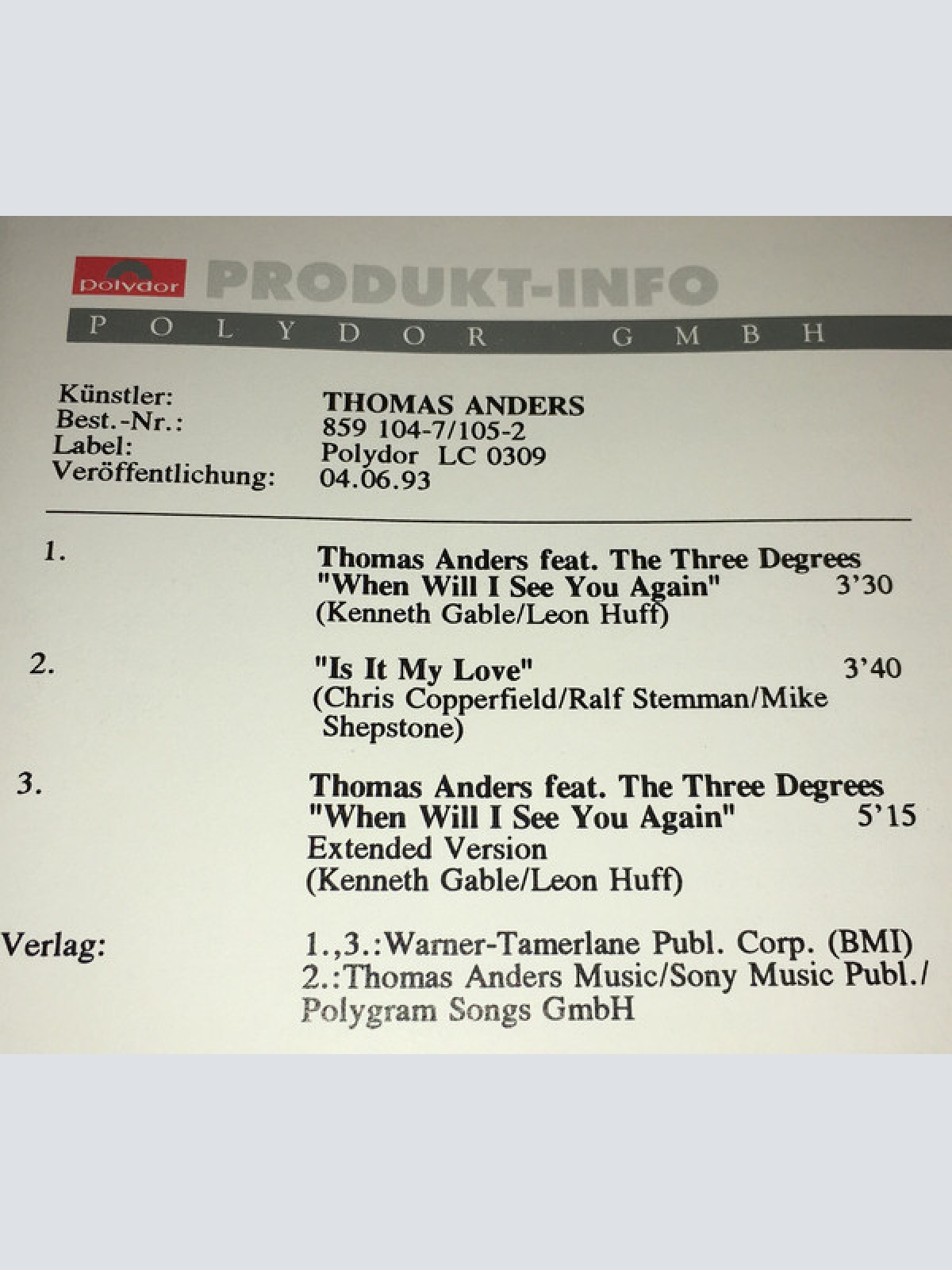 Vinyl / Thomas Anders Featuring The Three Degrees - When Will I See You Again