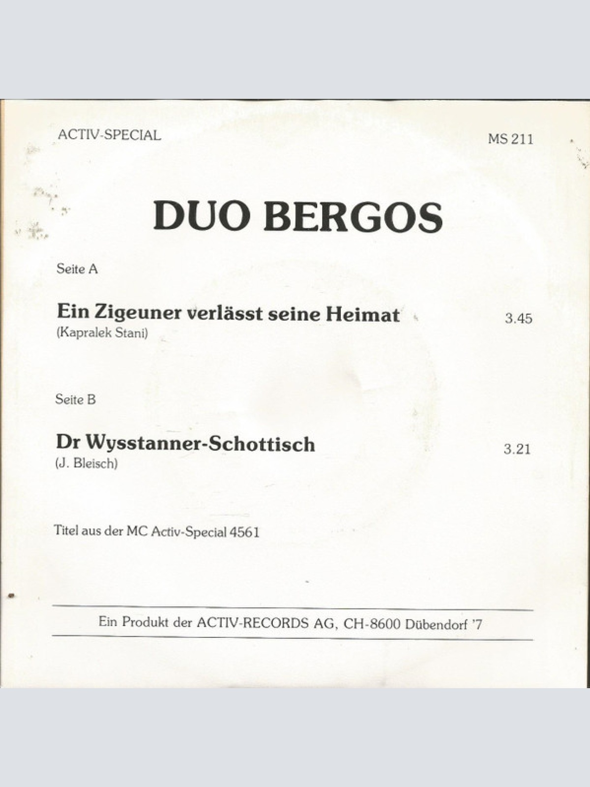 Vinyl / Duo Bergos - Ein Zigeuner Verlässt Seine Heimat / Dr Wysstaner-Schottisch