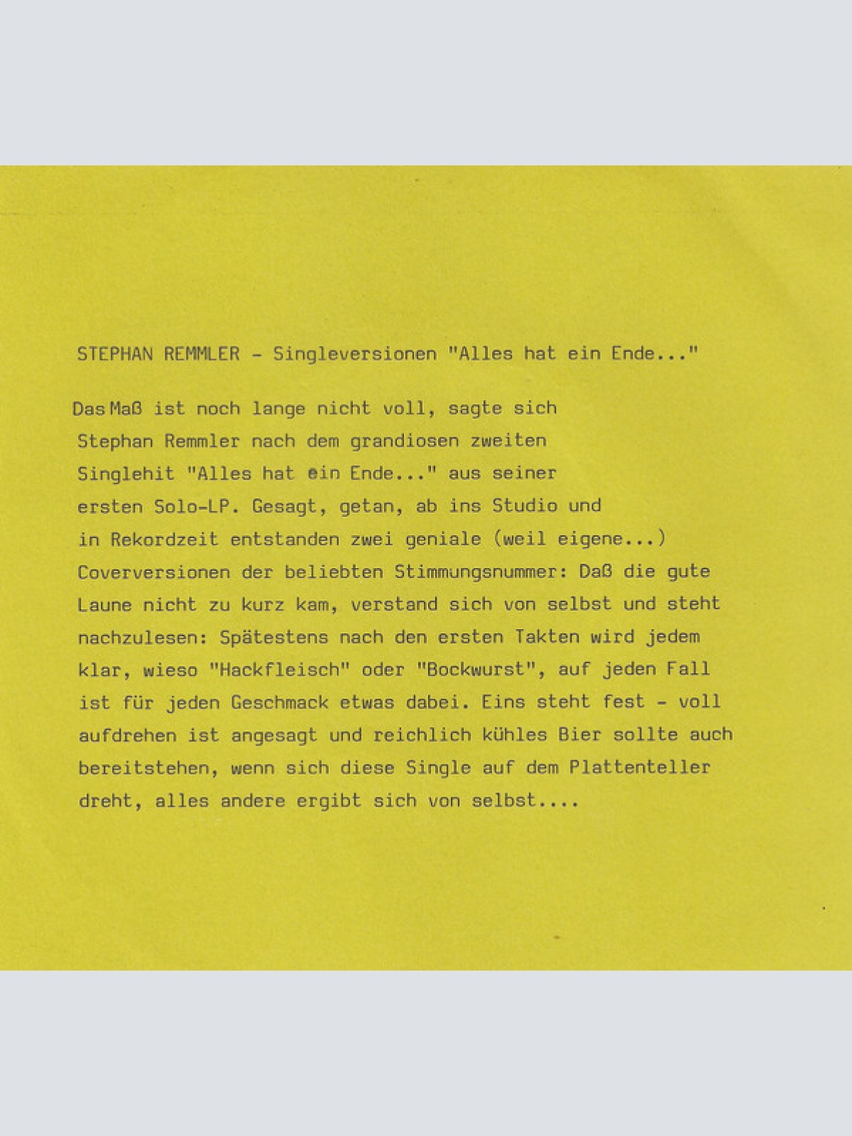 Vinyl / Rocky Und Die Rammler* - Alles Hat Ein Ende Nur Die Wurst Hat Zwei (Krause Und Ruth) (Die Hackfleisch-Version Und Die Bockwurst-Version)