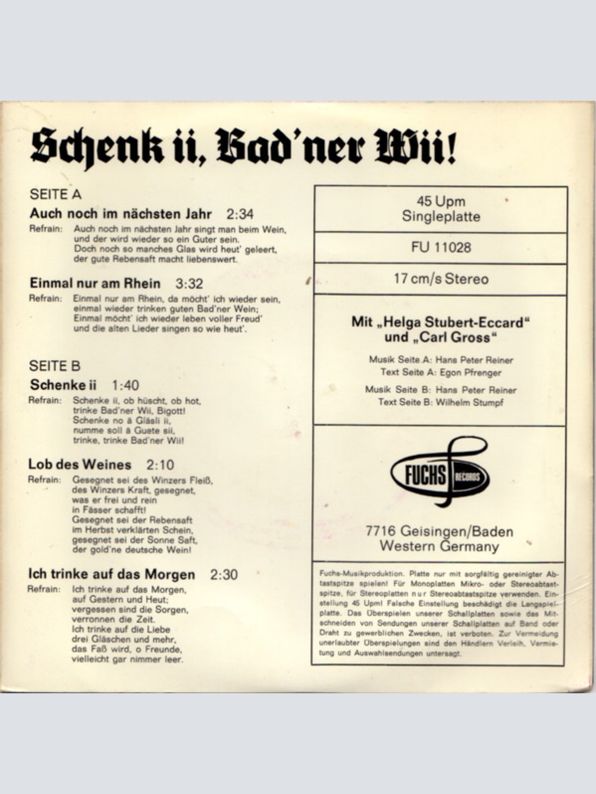 Vinyl / Helga Stubert-Eccard* Und Carl Gross - Schenk Ii, Bad'ner Wii!