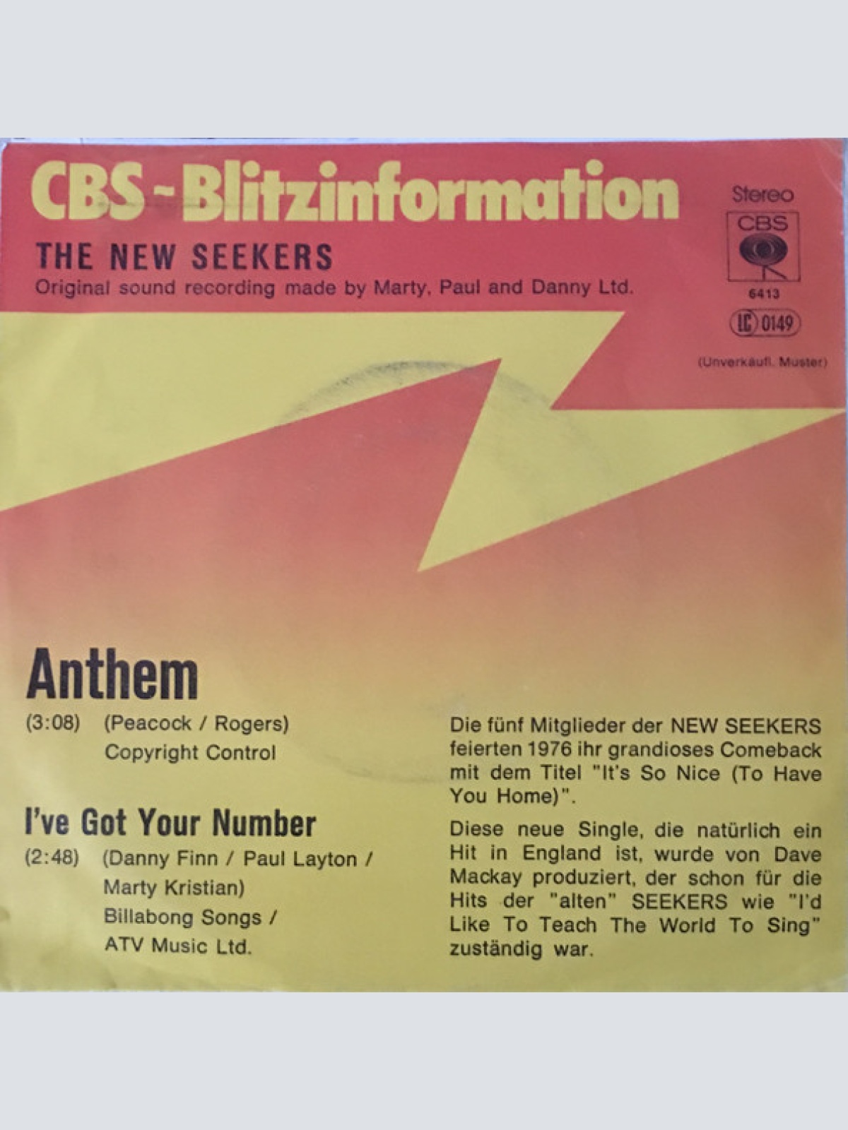 Vinyl / The New Seekers - Anthem