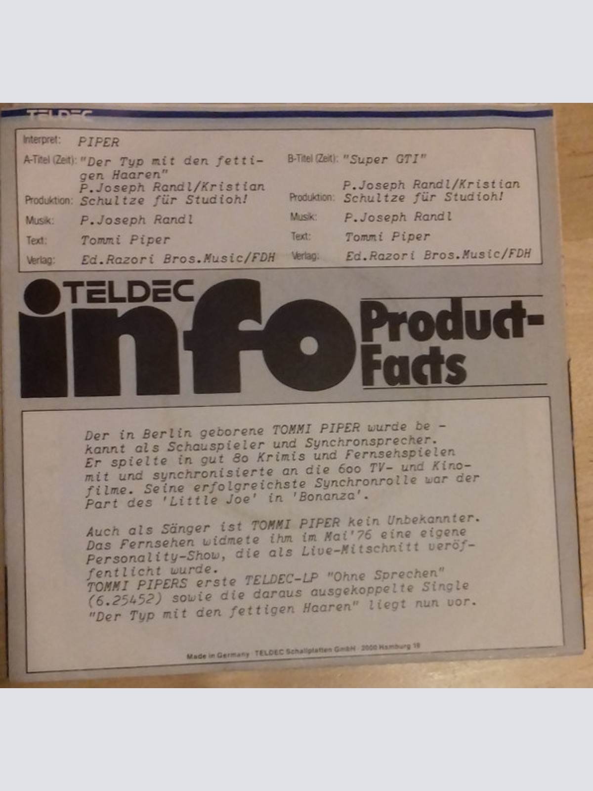 Vinyl / Piper* - Der Typ Mit Den Fettigen Haaren / Super GTI