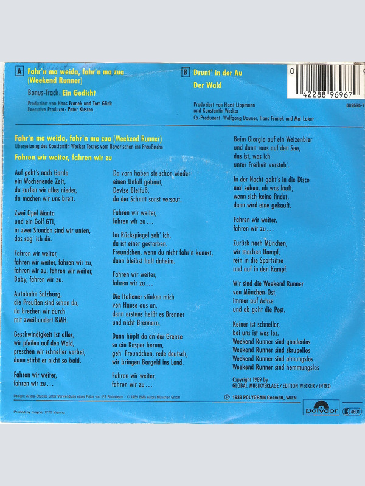 Vinyl / Konstantin Wecker - Fahr'n Ma Weida, Fahr'n Ma Zua (Weekend Runner)