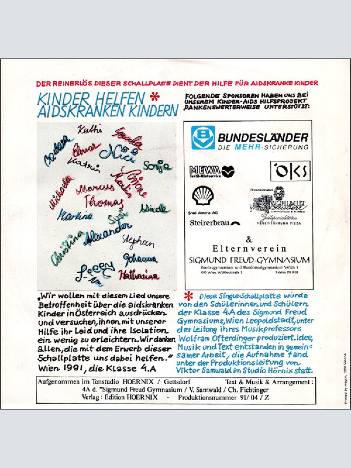 Vinyl / Kinder Helfen Kinder - 4A Des "Sigmund Freud Gymnasium" - Alleine Auf Dieser Welt?