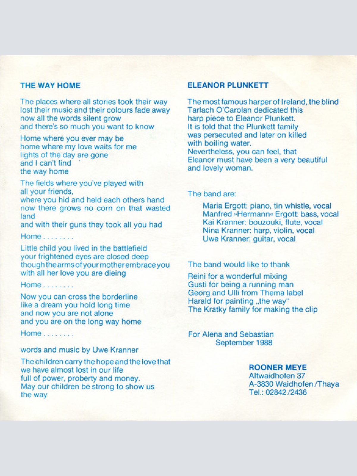 Vinyl / Rooner Meye - The Way Home / Eleanor Plunkett