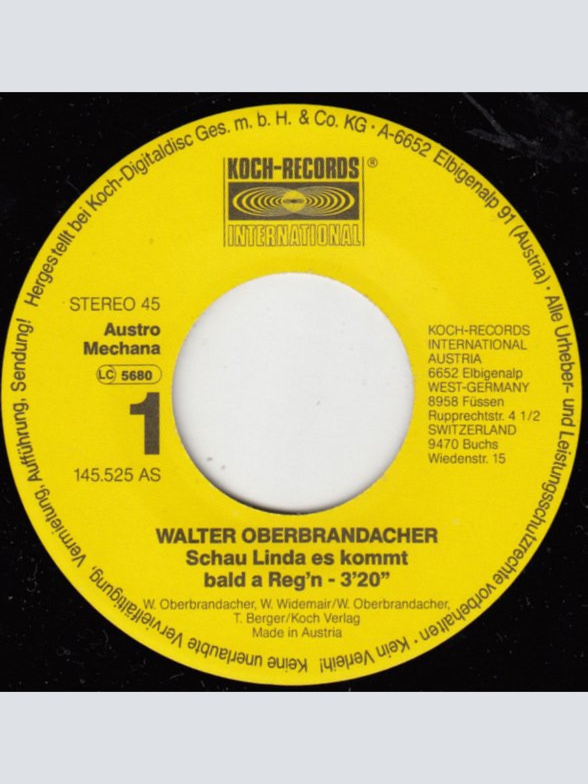 Vinyl / Walter Oberbrandacher - Schau Linda, Es Kommt Bald A Reg'n