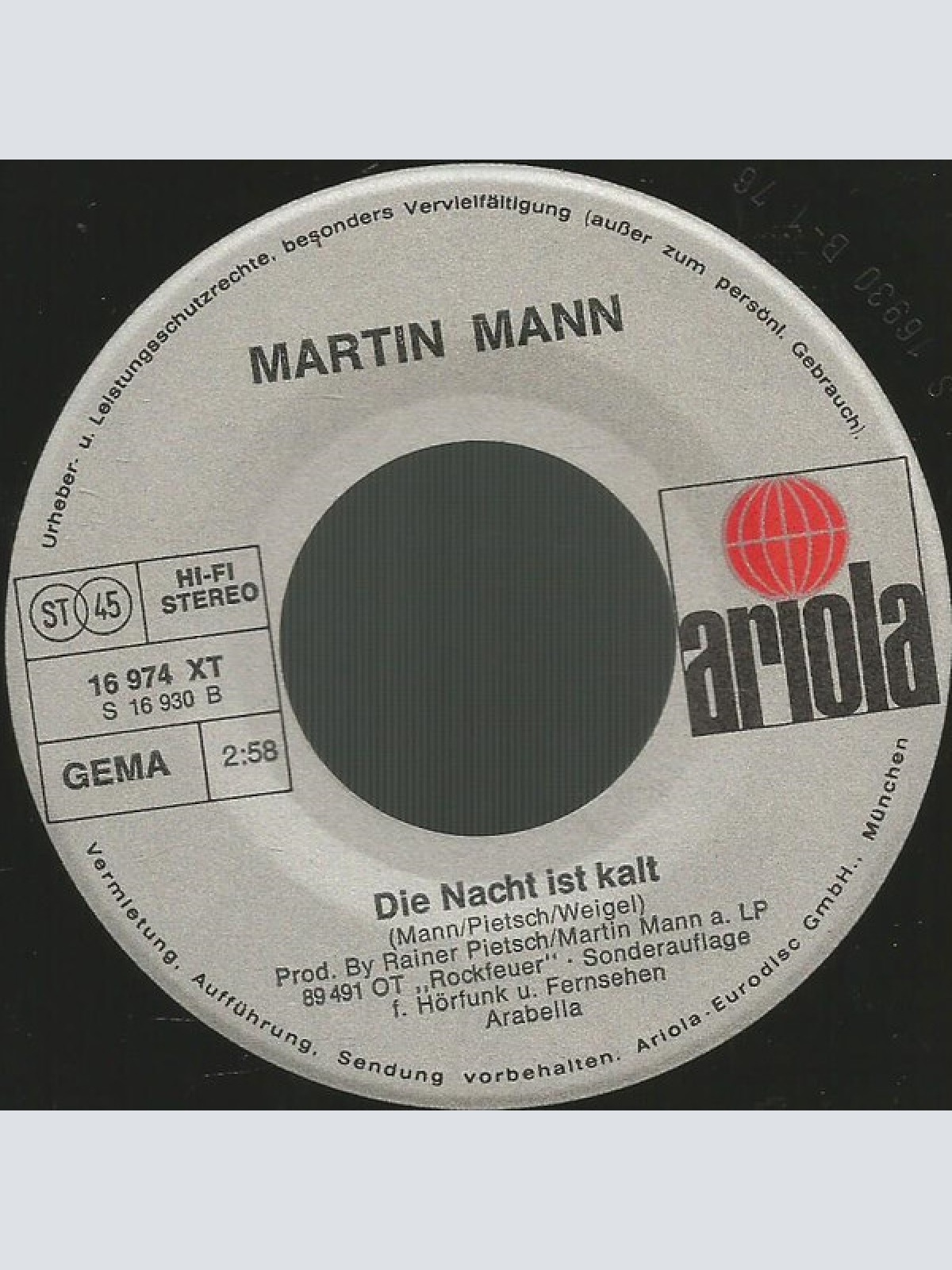 Vinyl / Martin Mann - Die Große Autoschlange / Die Nacht Ist Kalt