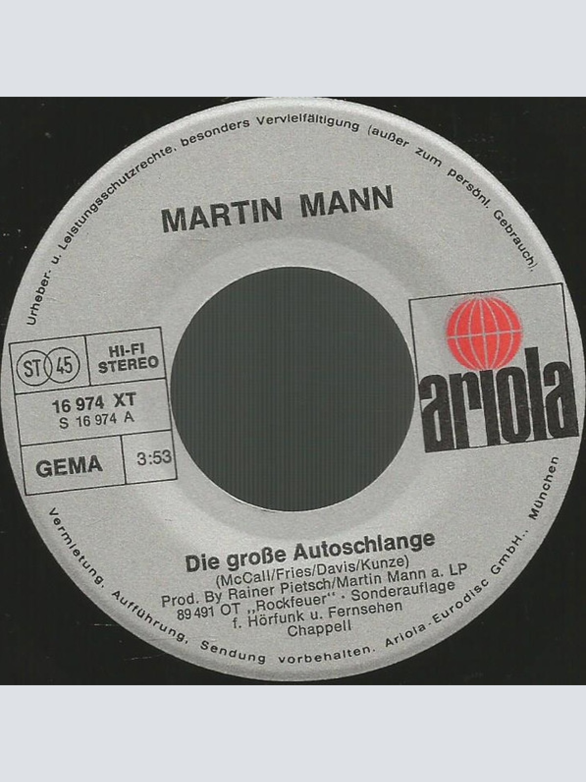 Vinyl / Martin Mann - Die Große Autoschlange / Die Nacht Ist Kalt