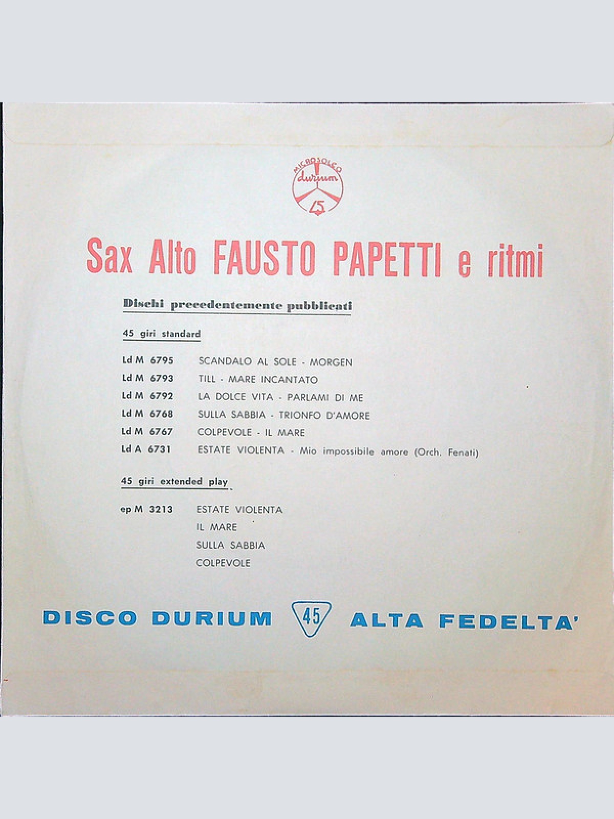 Vinyl / Fausto Papetti Sax Alto E Ritmi* - Al Di Là / Come Sinfonia