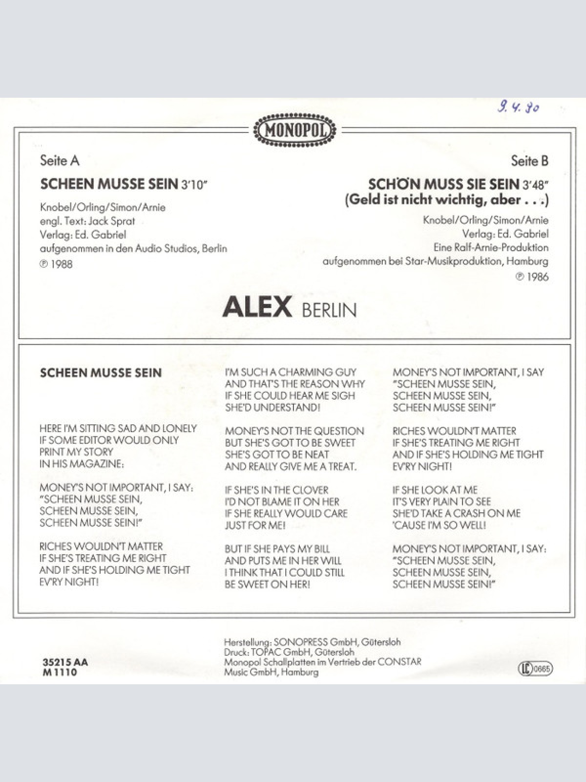 Vinyl / Alex, Berlin* - Scheen Musse Sein