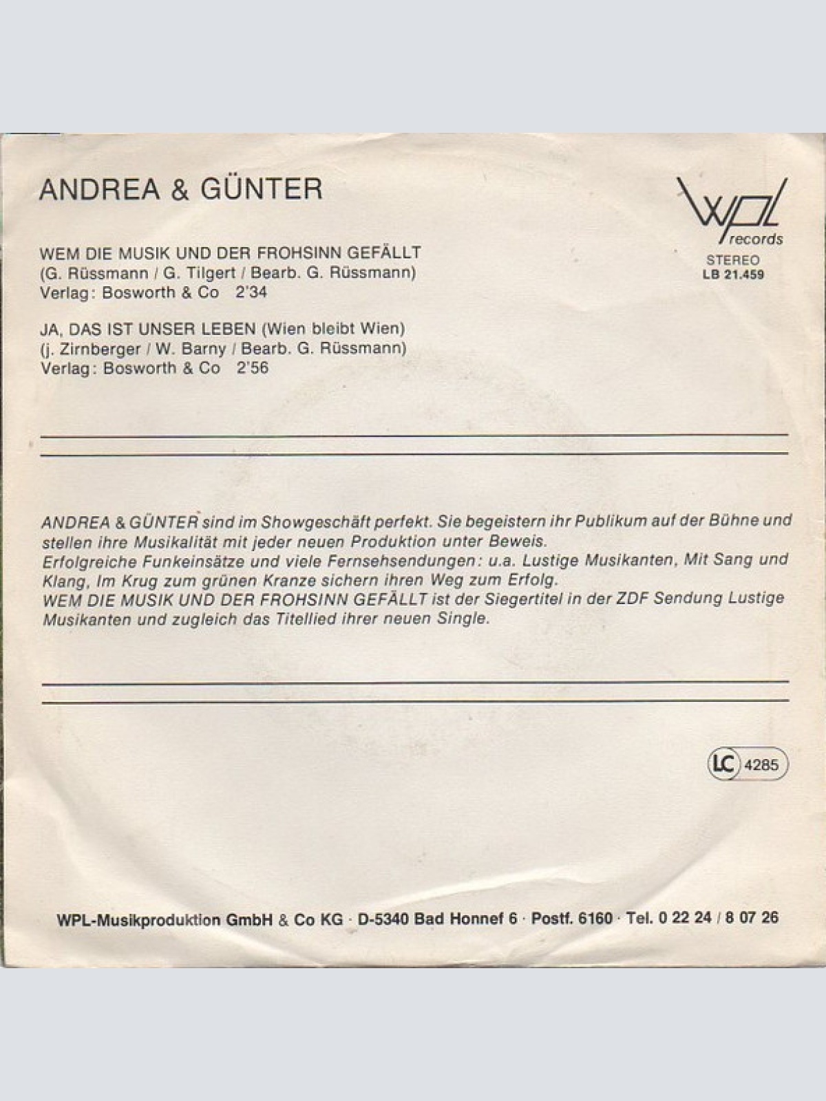 Vinyl / Andrea Und Günter - Wem Die Musik Und Der Frohsinn Gefällt