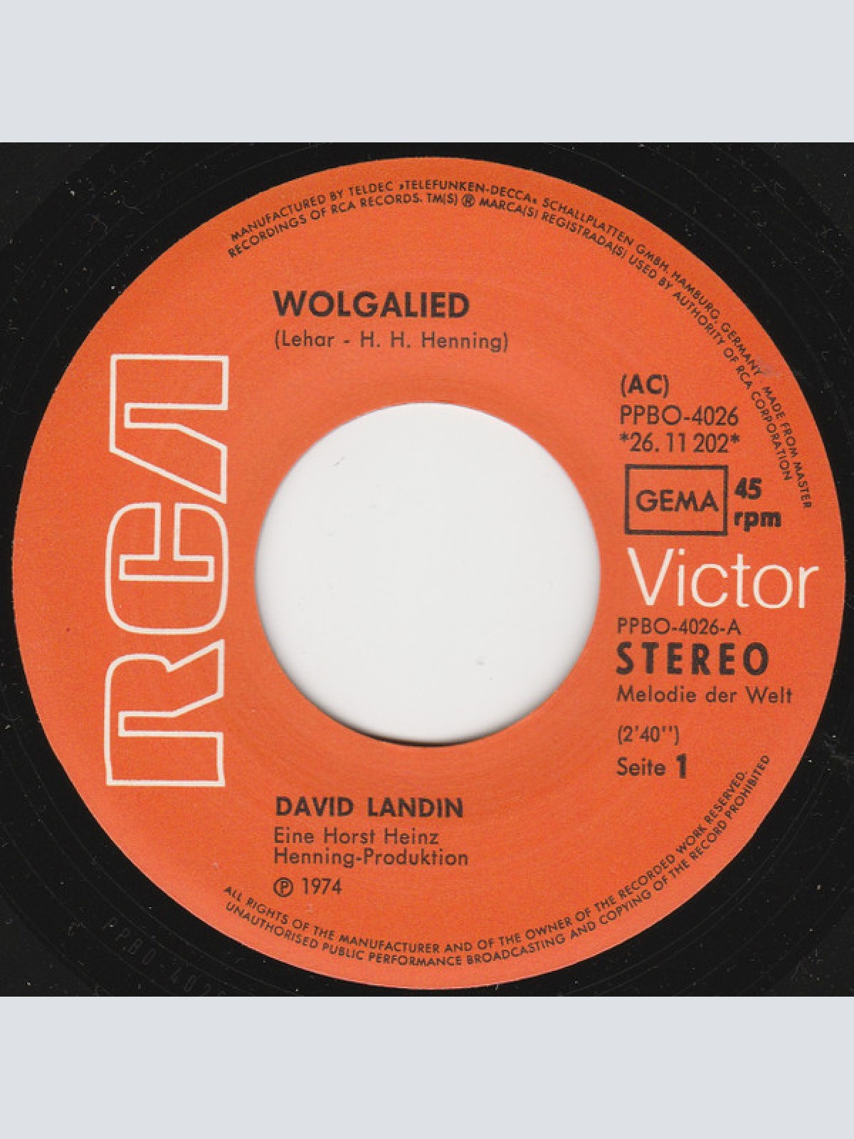 Vinyl / David Landin - Wolgalied (Hast Du Da Droben...)