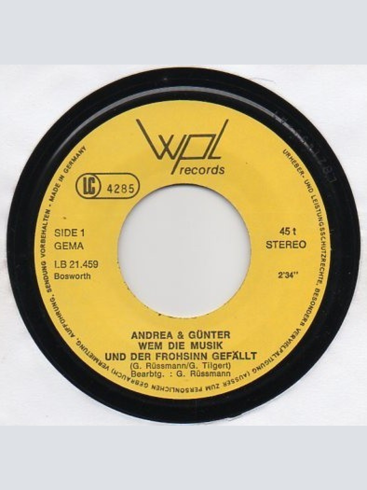 Vinyl / Andrea Und Günter - Wem Die Musik Und Der Frohsinn Gefällt