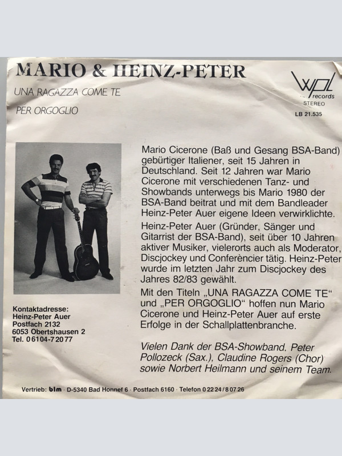 Vinyl / Mario & Heinz-Peter - Una Ragazza Come Te / Per Orgoglio
