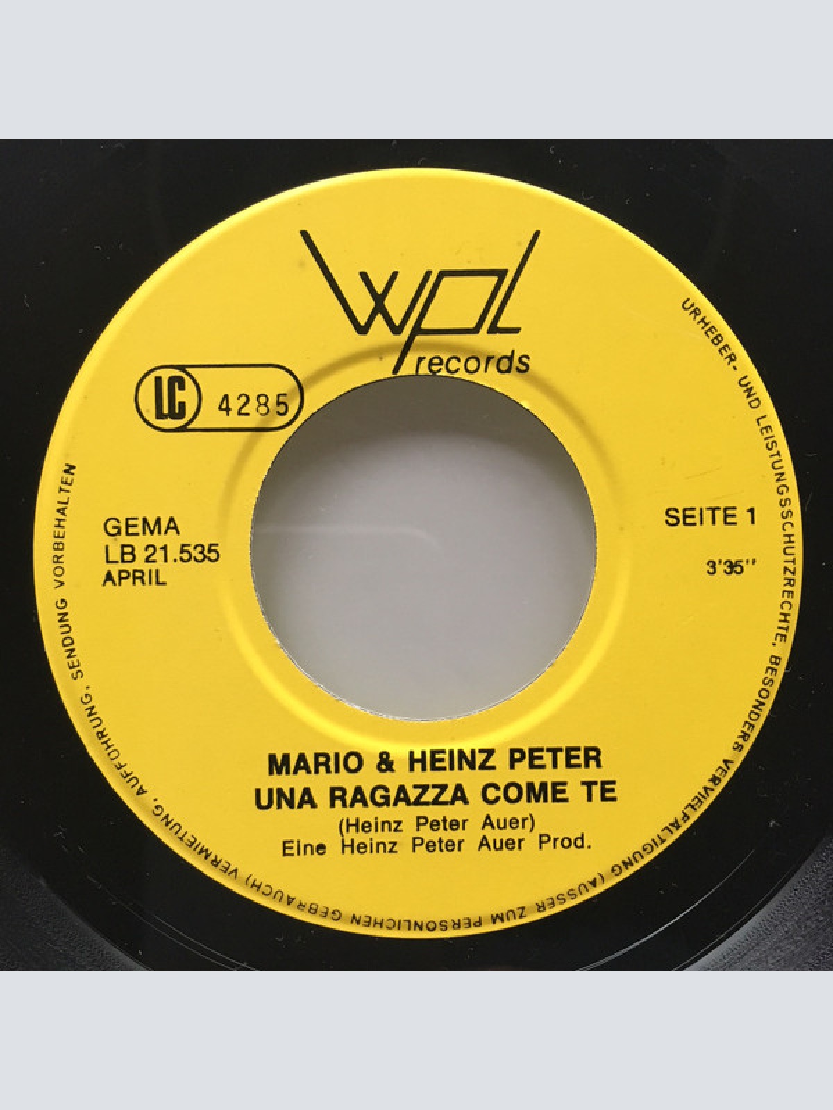 Vinyl / Mario & Heinz-Peter - Una Ragazza Come Te / Per Orgoglio