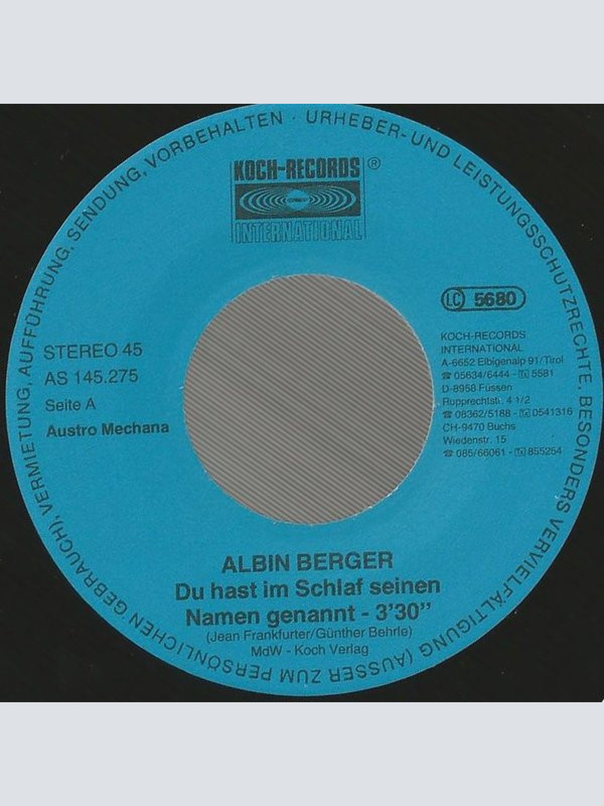 Vinyl / Albin Berger - Du Hast Im Schlaf Seinen Namen Genannt