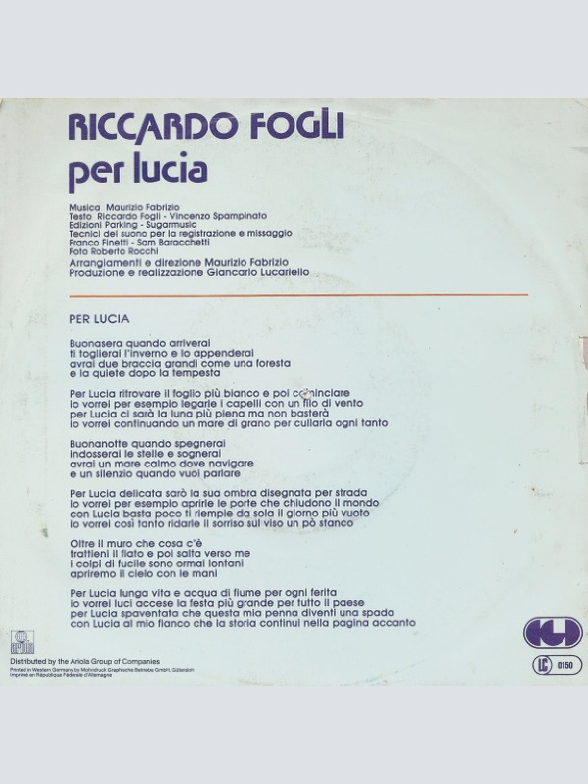Vinyl / Riccardo Fogli - Per Lucia
