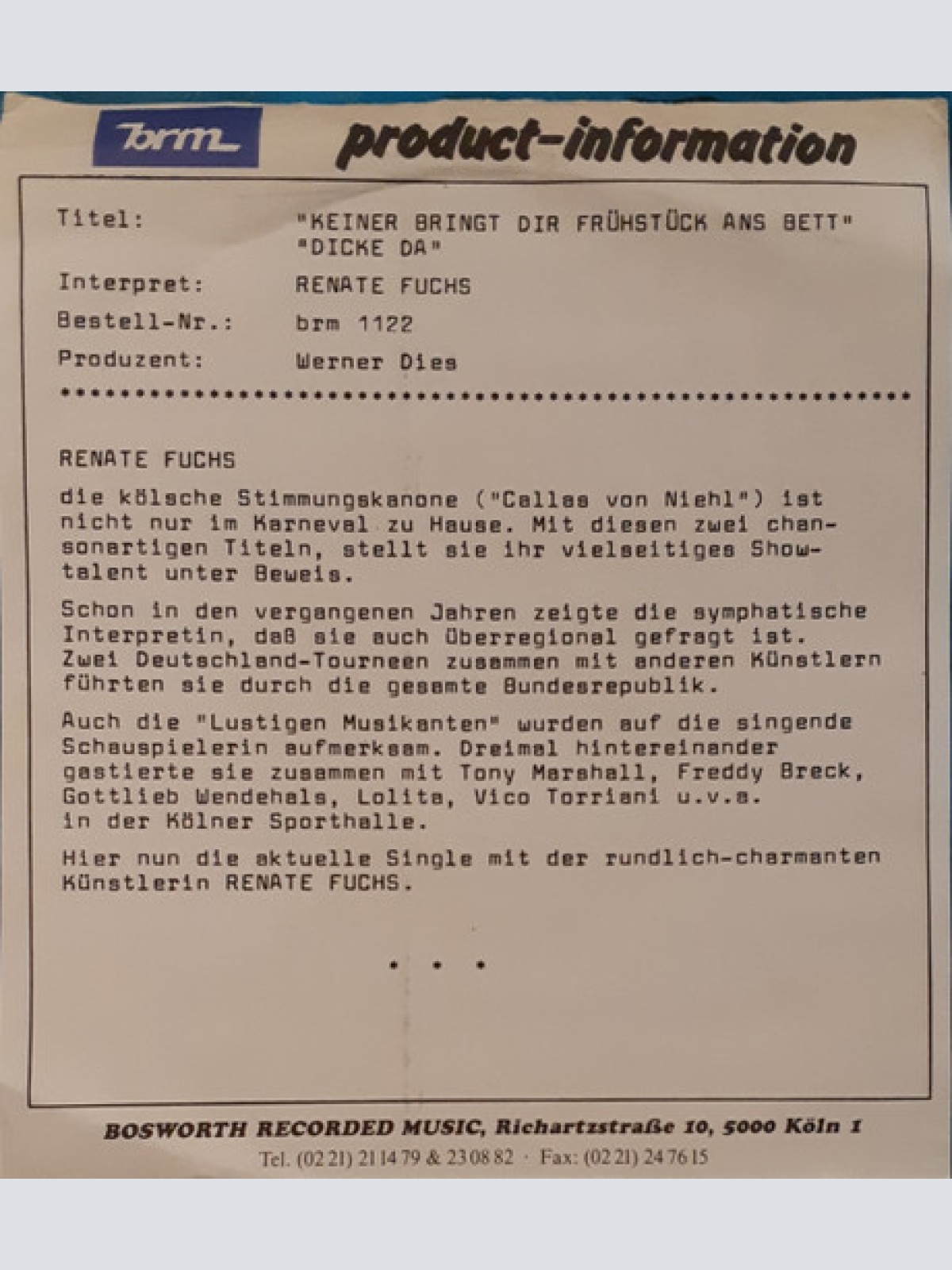 Vinyl / Renate Fuchs - Keiner Bringt Dir Frühstück Ans Bett / Dicke Da