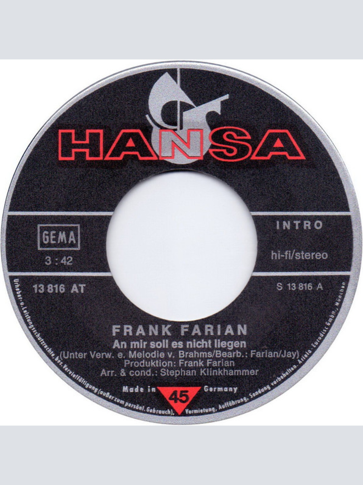 Vinyl / Frank Farian - An Mir Soll Es Nicht Liegen