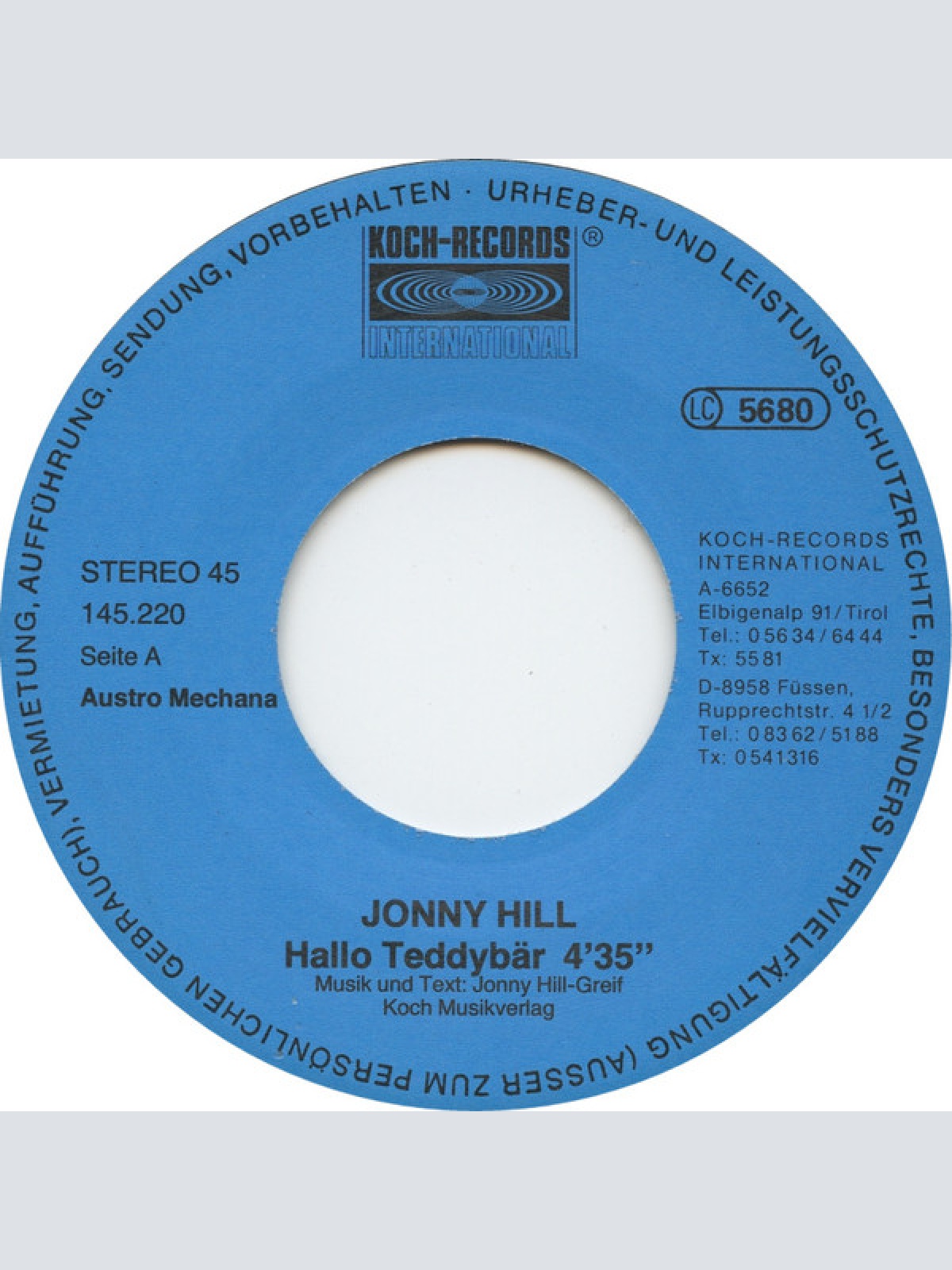 Vinyl / Jonny Hill - Hallo Teddybär