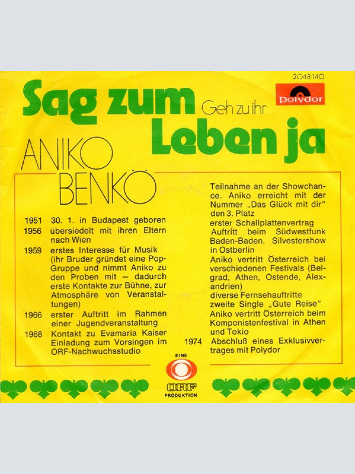 Vinyl / Aniko Benkö - Sag Zum Leben Ja