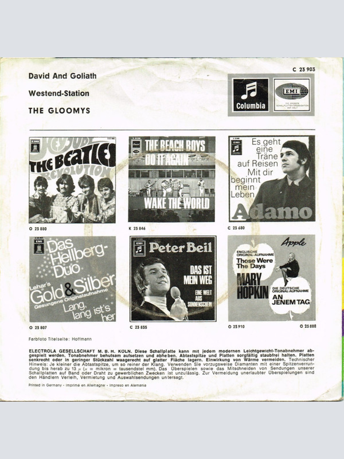 Vinyl / The Gloomys - David And Goliath / Westend-Station