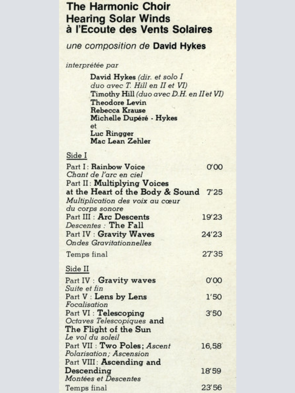 Vinyl / The Harmonic Choir / David Hykes - Hearing Solar Winds = À L'Ecoute Des Vents Solaires