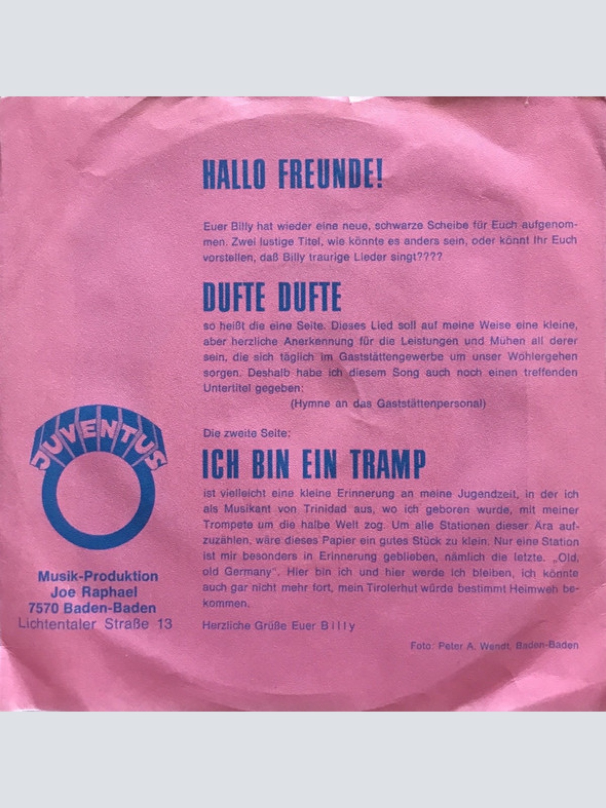 Vinyl / Billy Mo - Dufte Dufte (Hymne An Das Gaststättenpersonal) / Ich Bin Ein Tramp