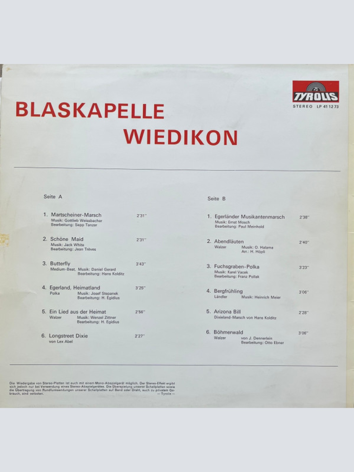 Vinyl / Blaskapelle Wiedikon - Blaskapelle Wiedikon