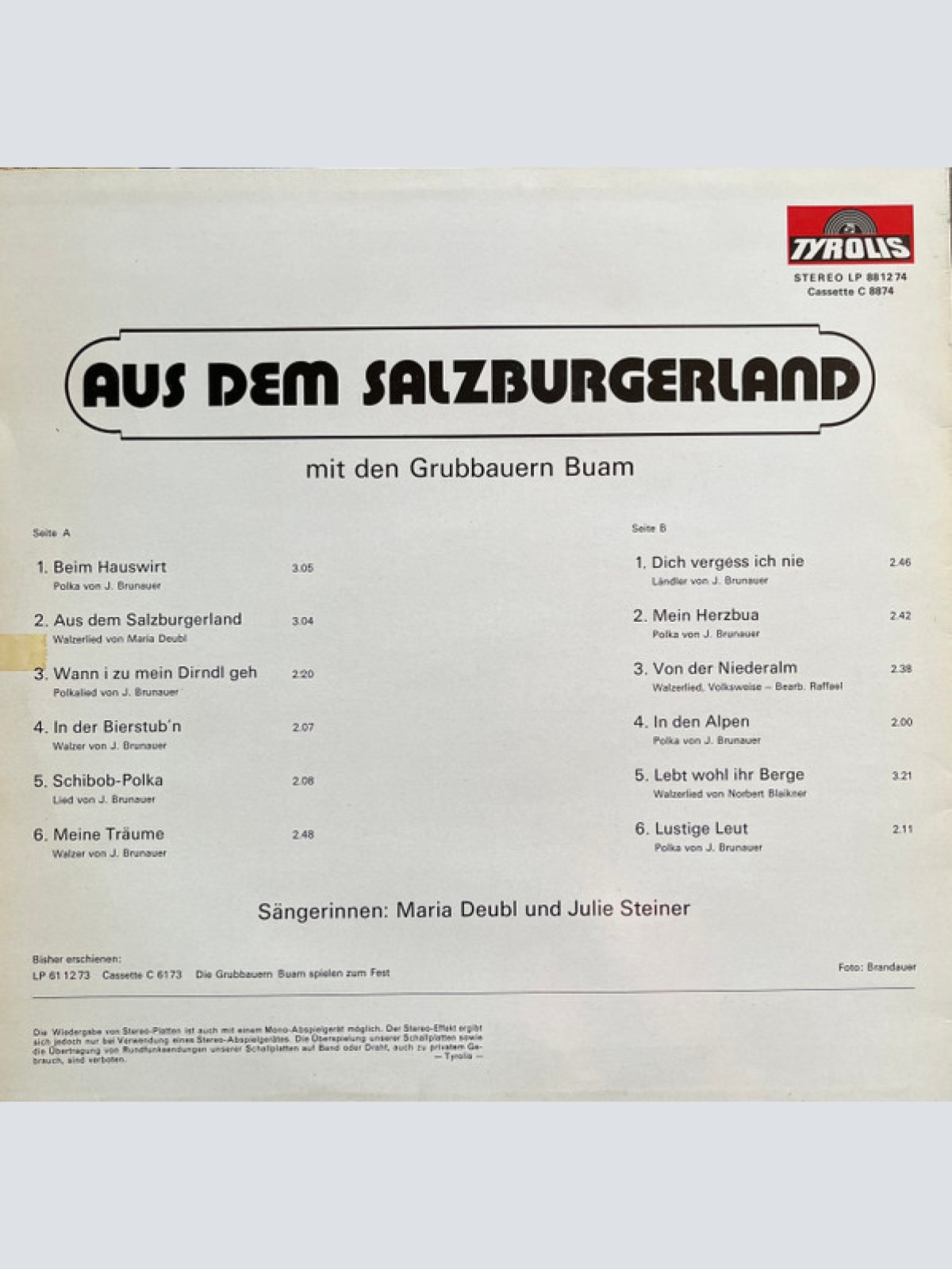 Vinyl / Den Grubbauern Buam* Sängerinnen: Maria Deubl Und Julie Steiner - Aus Dem Salzburgerland