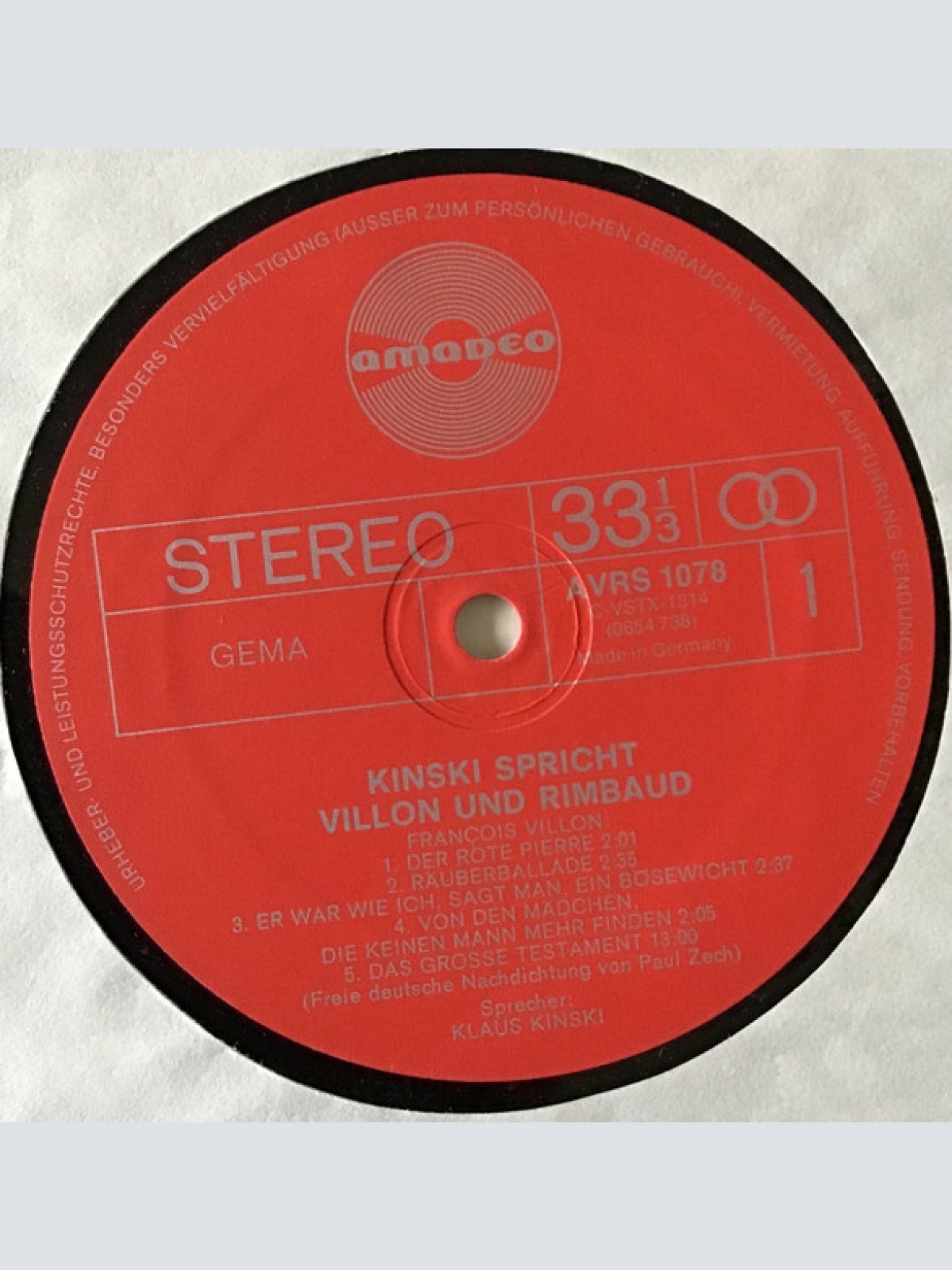 Vinyl / Klaus Kinski - Kinski Spricht Villon Und Rimbaud 3 Räuberballaden & Das Große Testament