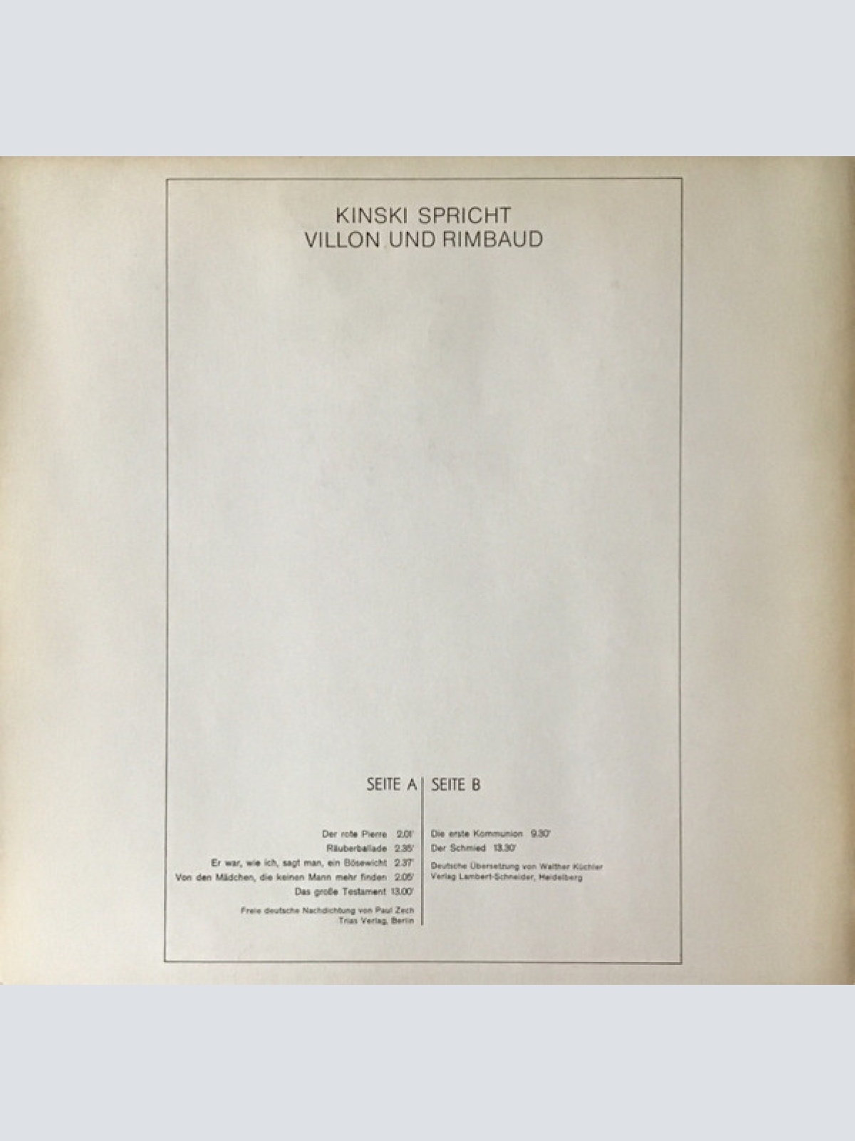 Vinyl / Klaus Kinski - Kinski Spricht Villon Und Rimbaud 3 Räuberballaden & Das Große Testament