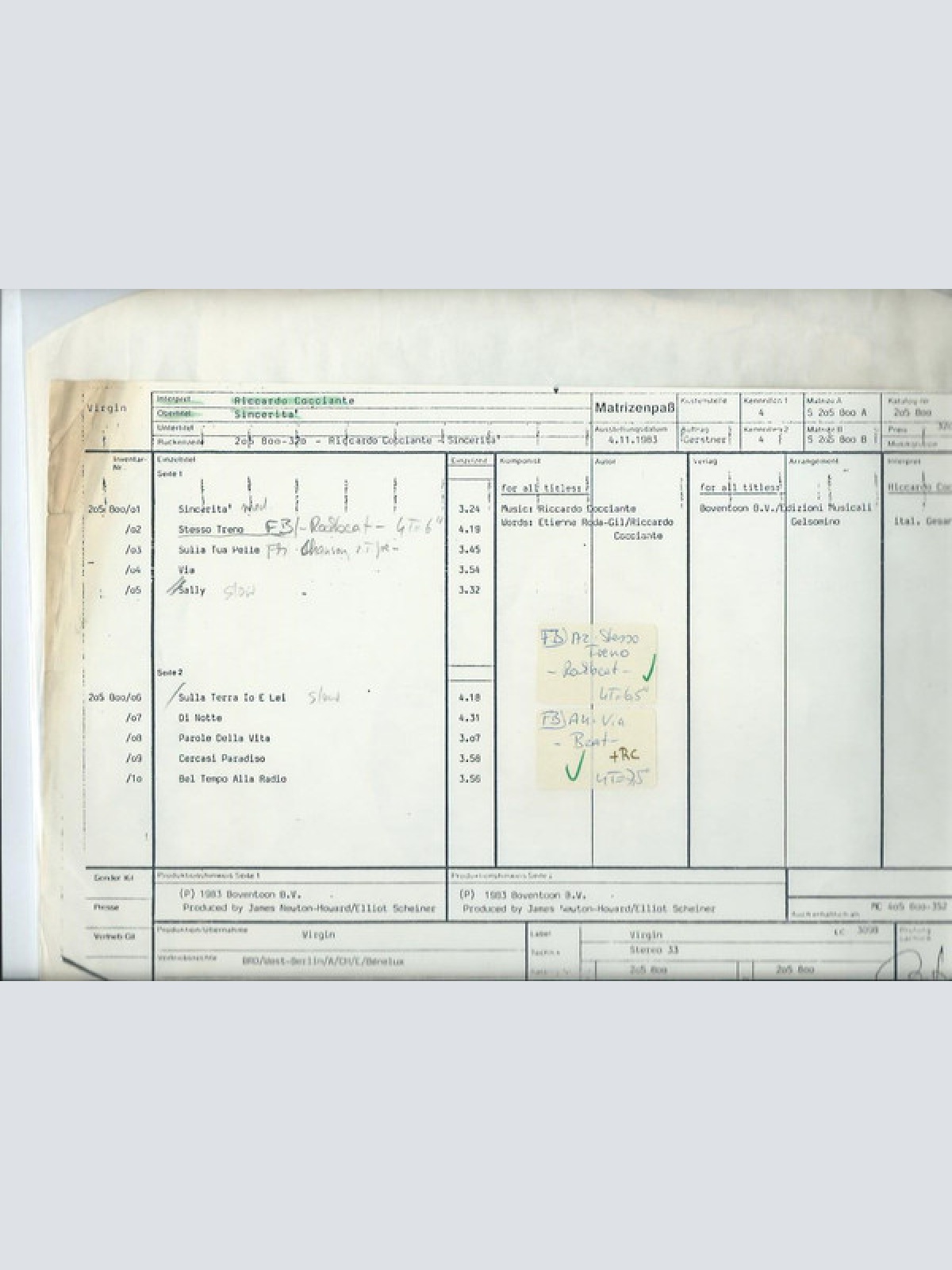 Vinyl / Riccardo Cocciante - Sincerità