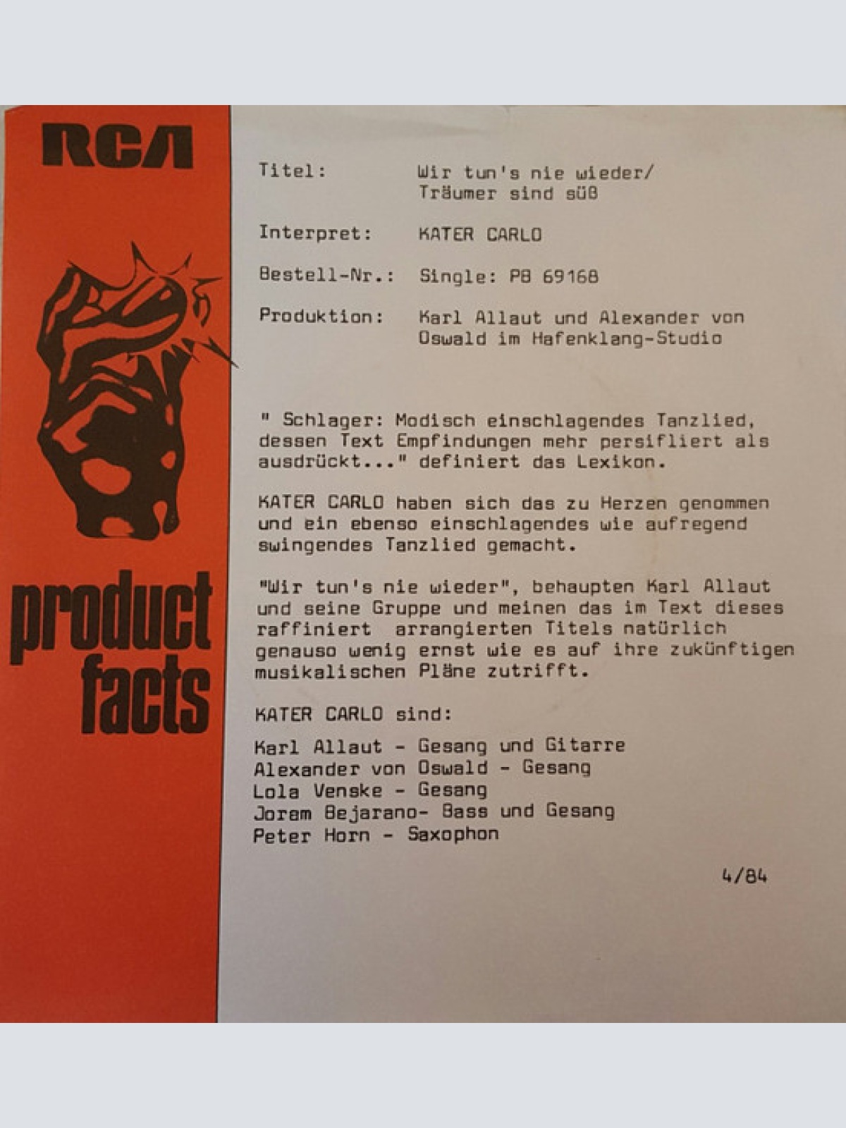 Vinyl / Kater Carlo - Wir Tun's Nie Wieder / Träumer Sind Süss