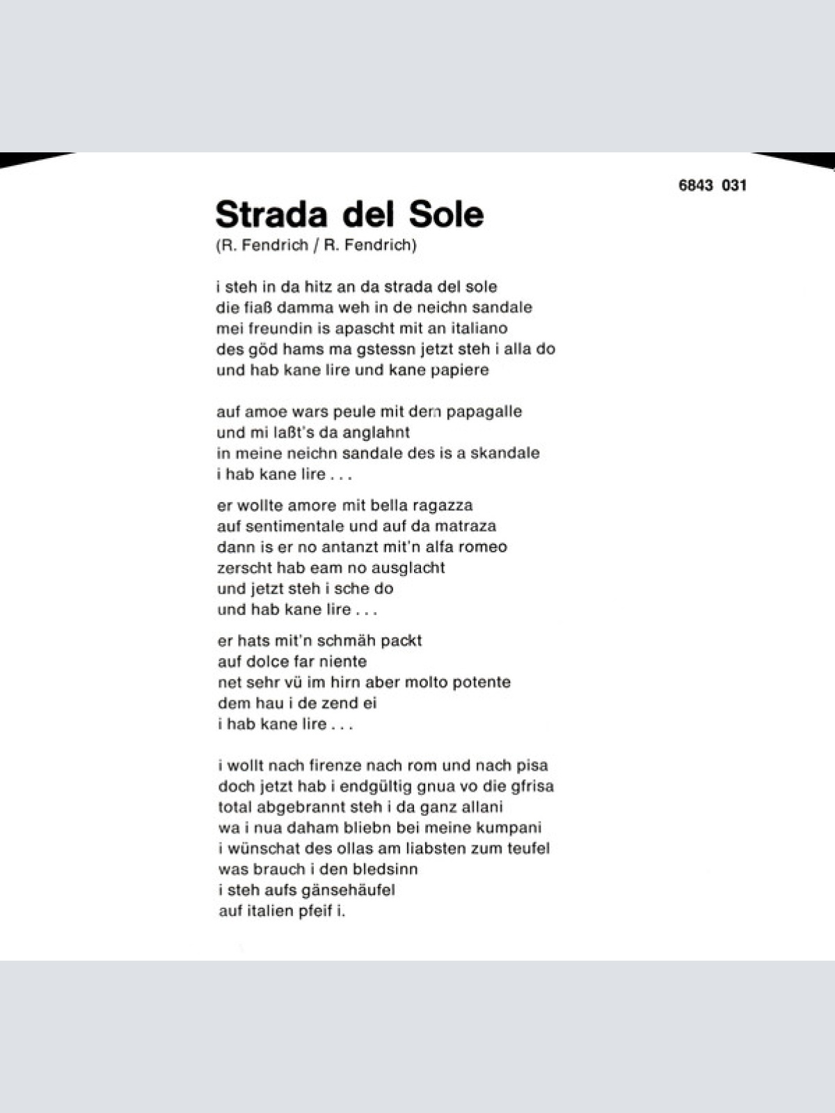 Vinyl / Rainhard Fendrich - Strada Del Sole