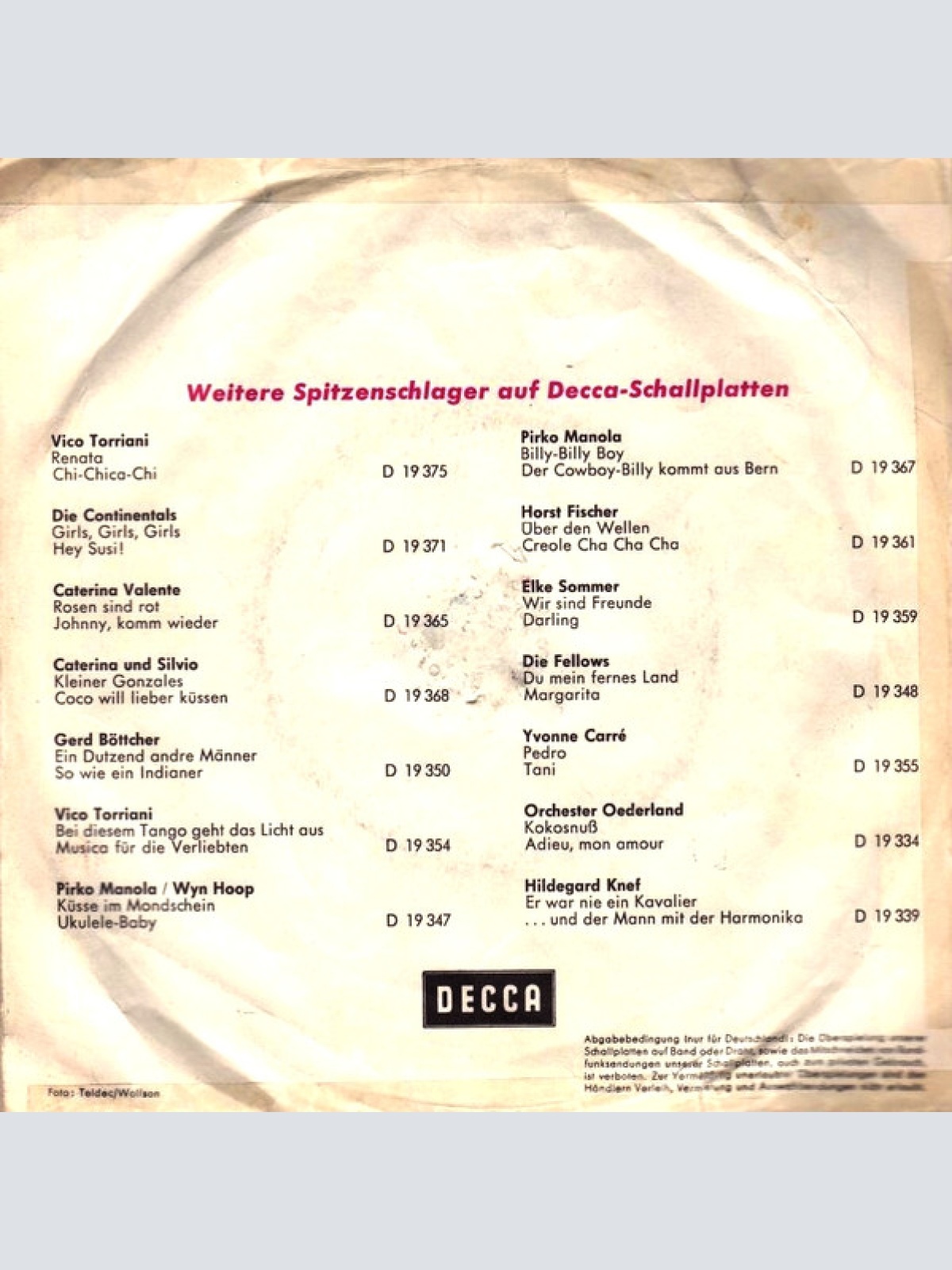 Vinyl / Die Nordwinds - Arme Kleine Sheila / Die Gitarre Und Ein Pferd Und Die Prärie