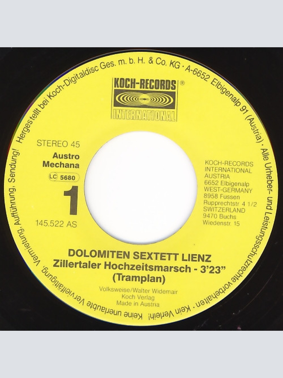 Vinyl / Dolomiten Sextett Lienz - Zillertaler Hochzeitsmarsch (Tramplan)