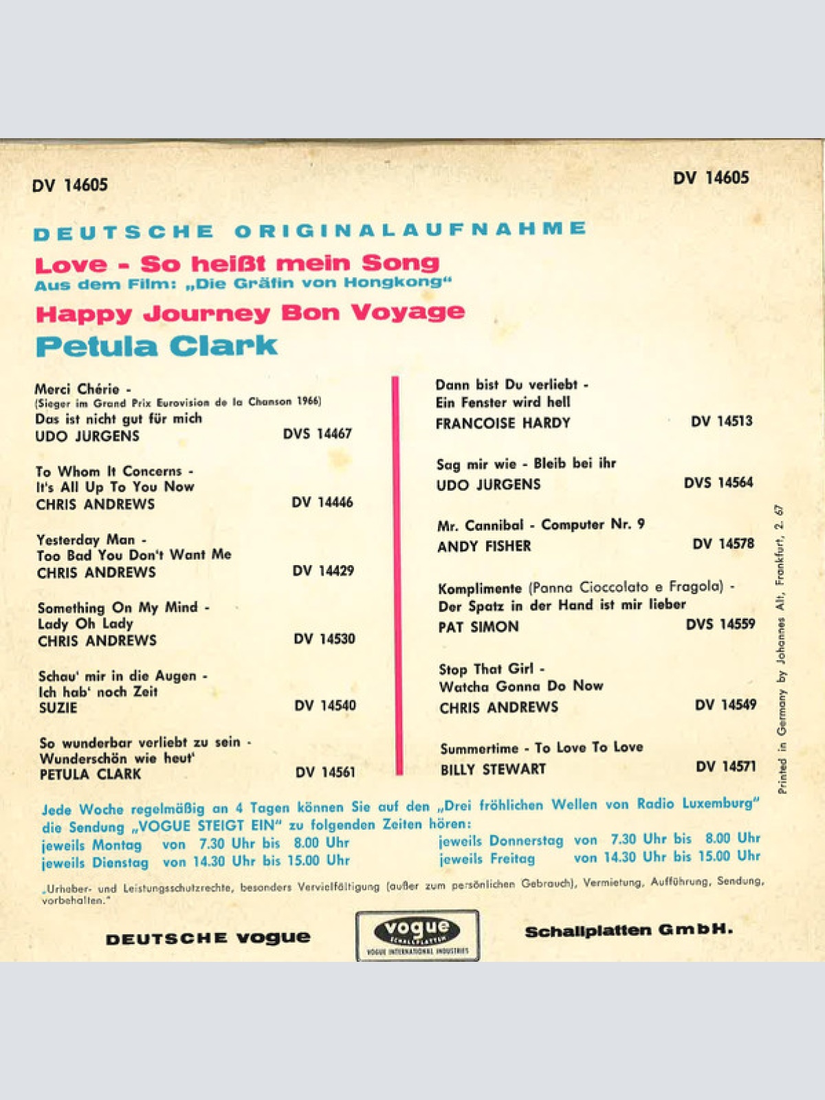 Vinyl / Petula Clark - Love - So Heißt Mein Song / Happy Journey - Bon Voyage