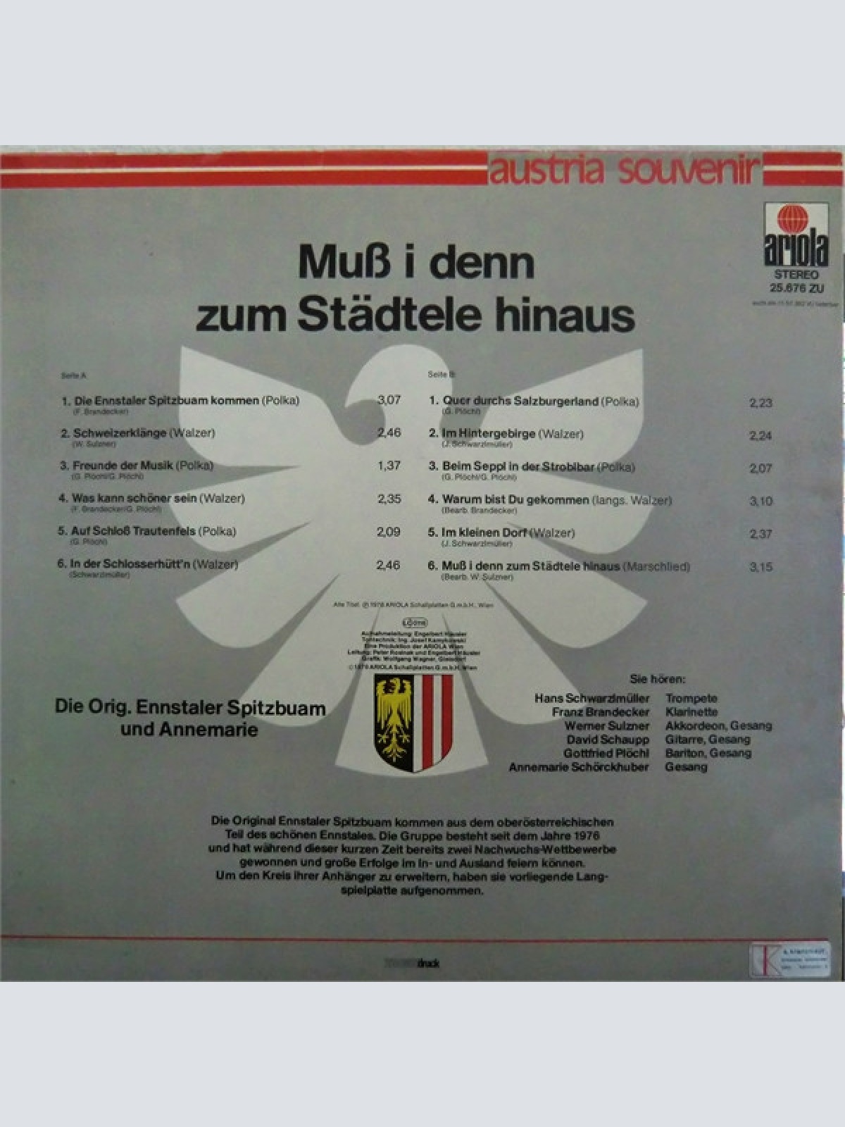 Vinyl / Die Original Ennstaler Spitzbuam* Mit Annemarie* - Muß I Denn Zum Städtele Hinaus