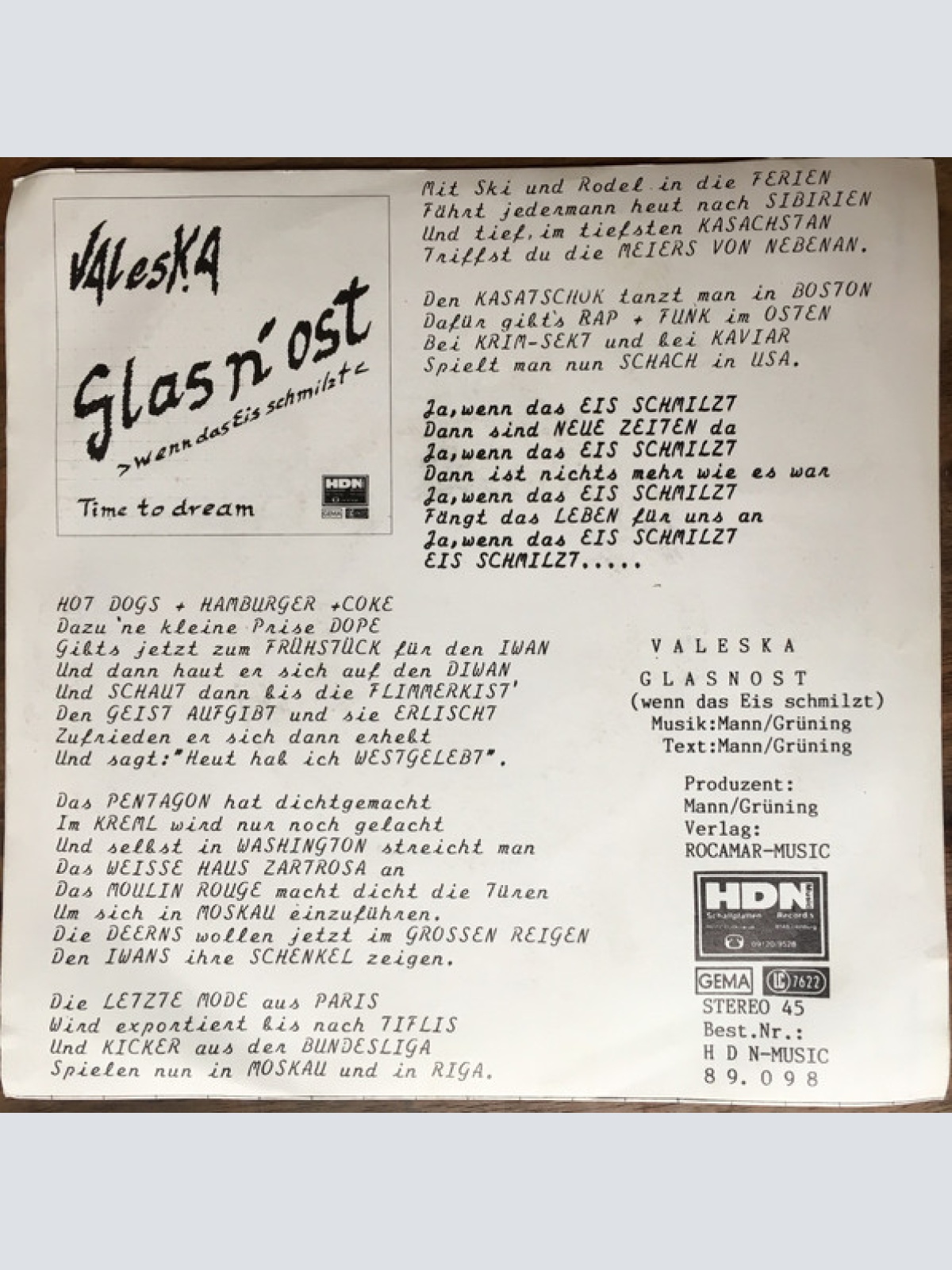 Vinyl / Valeska - Glas n'ost (Wenn Das Eis Schmilzt) / Time To Dream