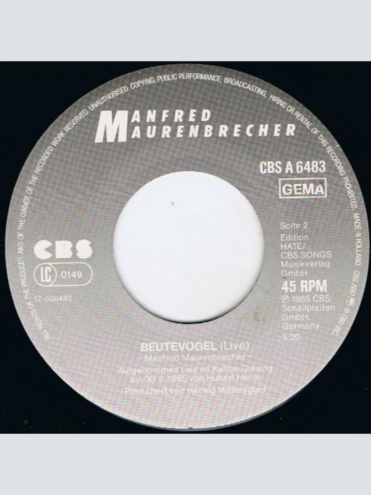 Vinyl / Manfred Maurenbrecher - Der Junge Kann Malen / Beutevogel (Live-Version)