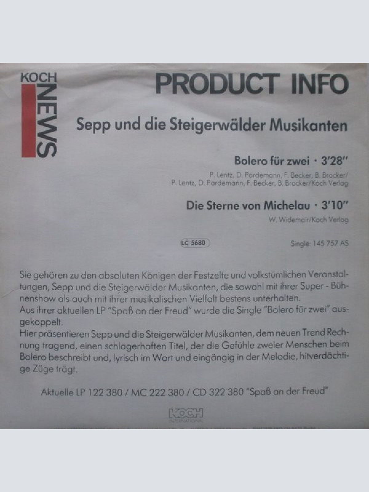 Vinyl / Sepp Und Die Steigerwälder Musikanten - Bolero Für Zwei