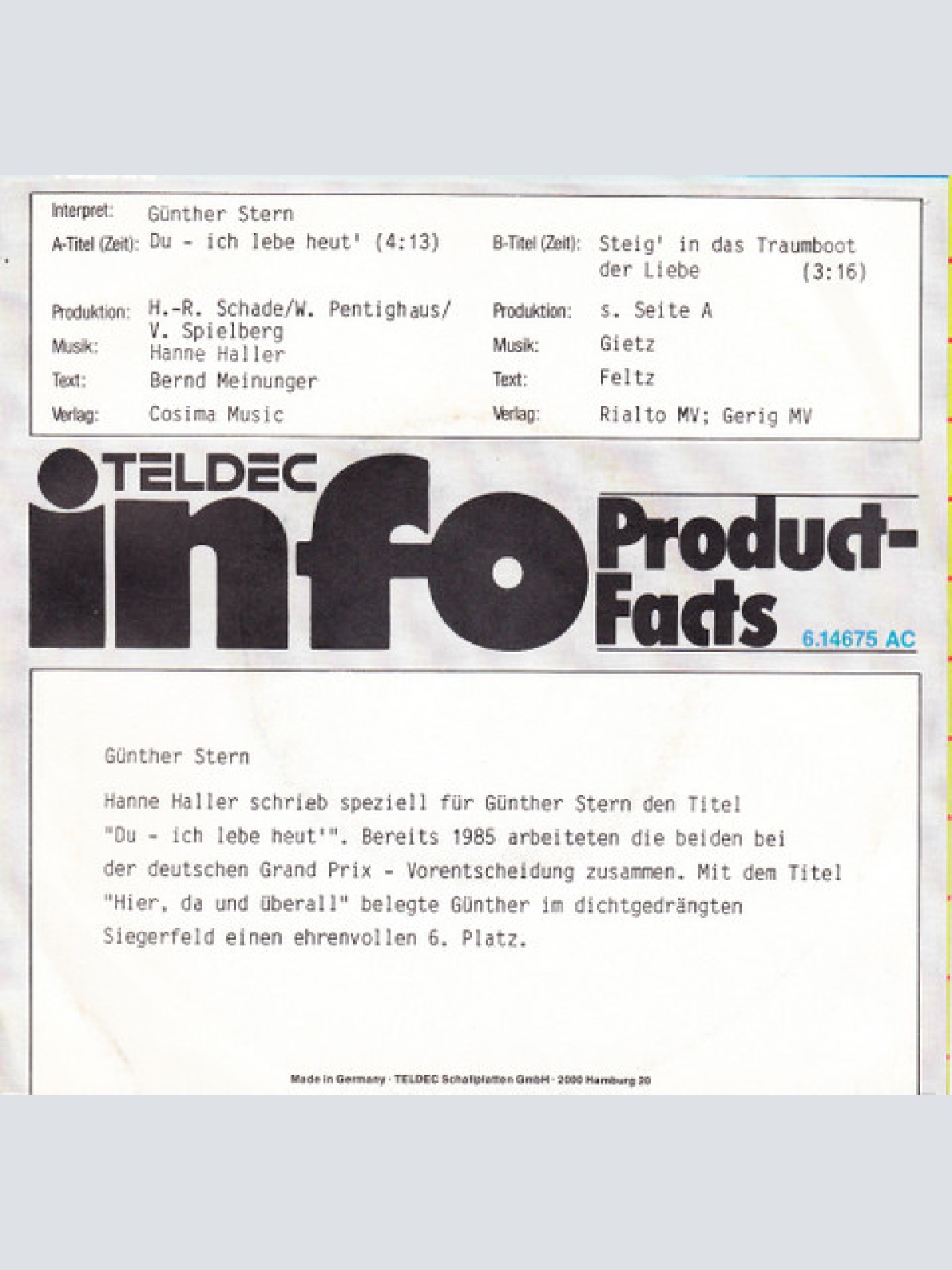 Vinyl / Günther Stern - Du - Ich Lebe Heut'