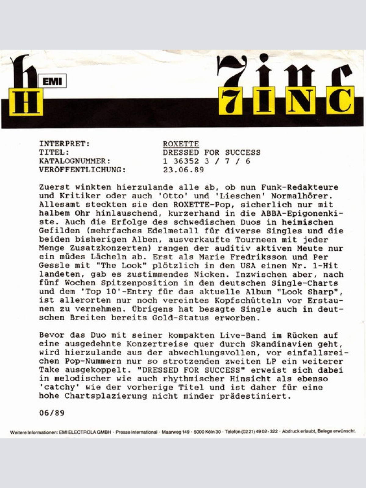 Vinyl / Roxette - Dressed For Success