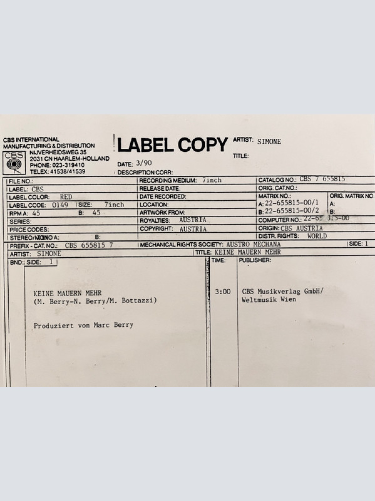 Vinyl / Simone (27) - Keine Mauern Mehr