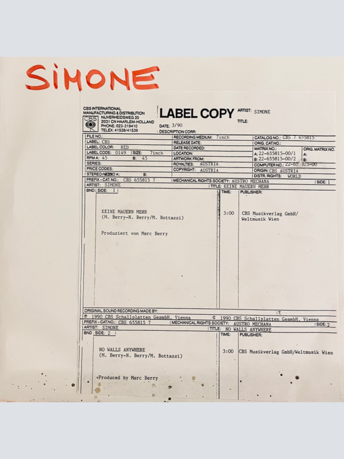 Vinyl / Simone (27) - Keine Mauern Mehr