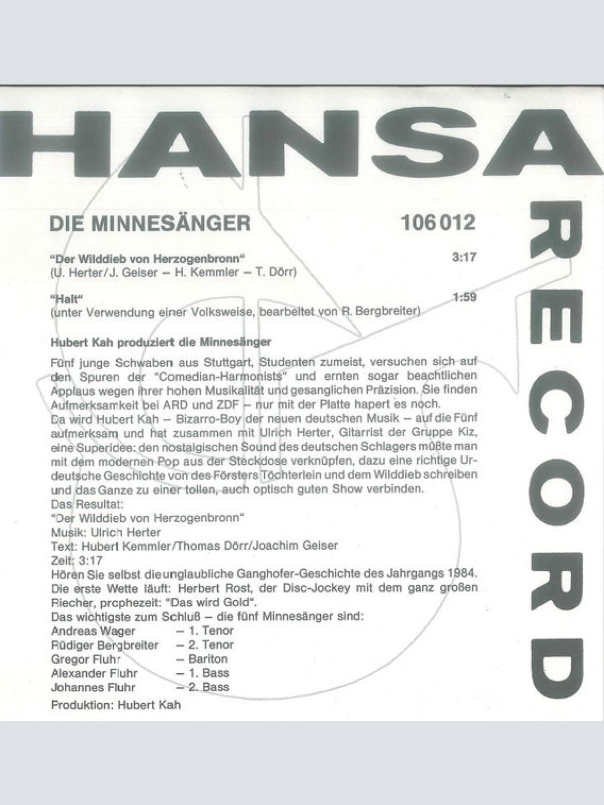 Vinyl / Die Minnesänger - Der Wilddieb Von Herzogenbronn