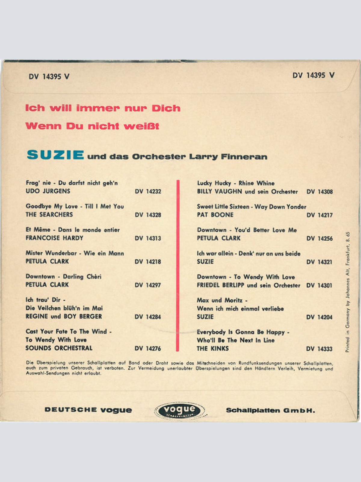 Vinyl / Suzie (2) - Ich Will Immer Nur Dich / Wenn Du Nicht Weisst